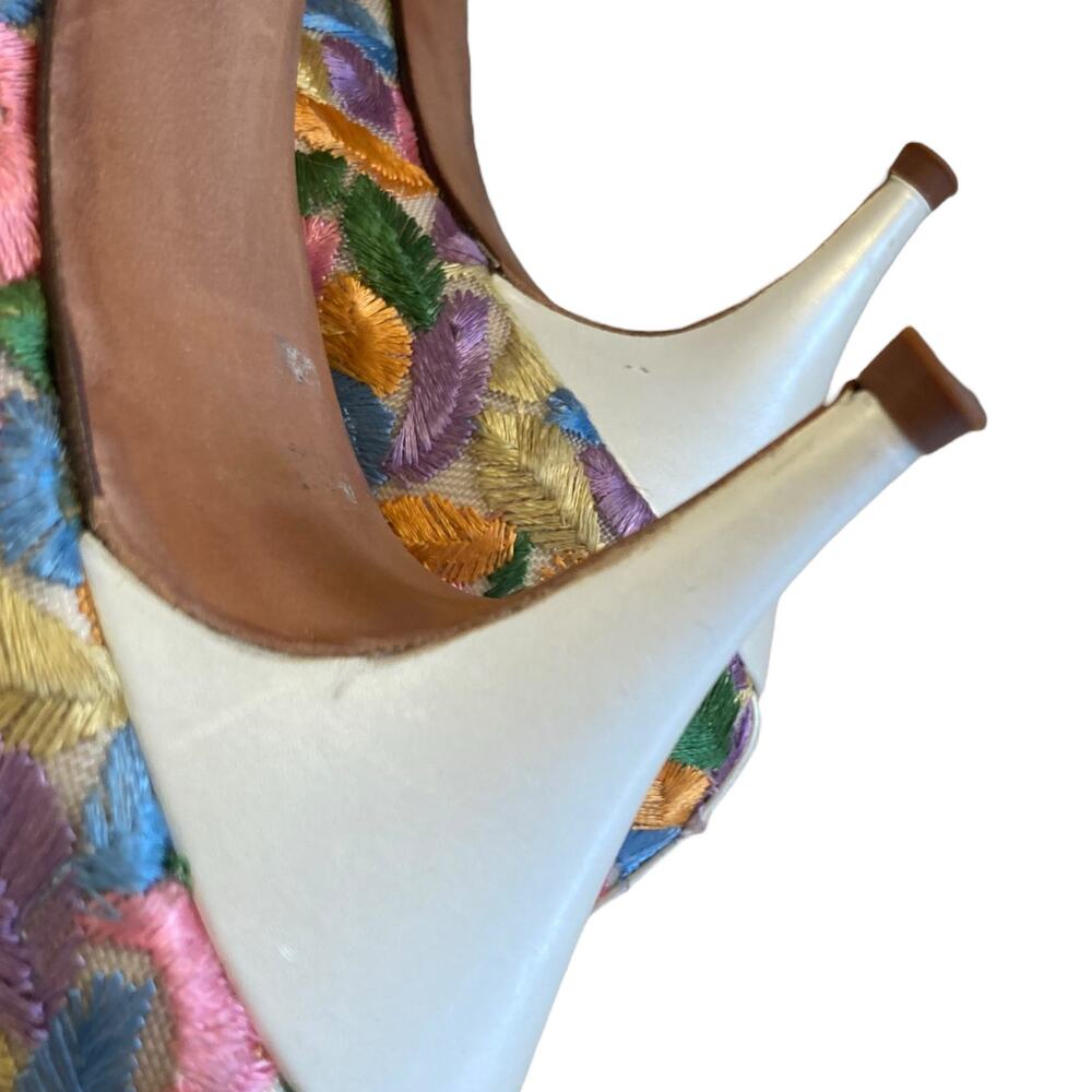 Vintage 70s Florsheim Pastel Feather Embroidered Pumps Sz 7 - Picture 11 of 16